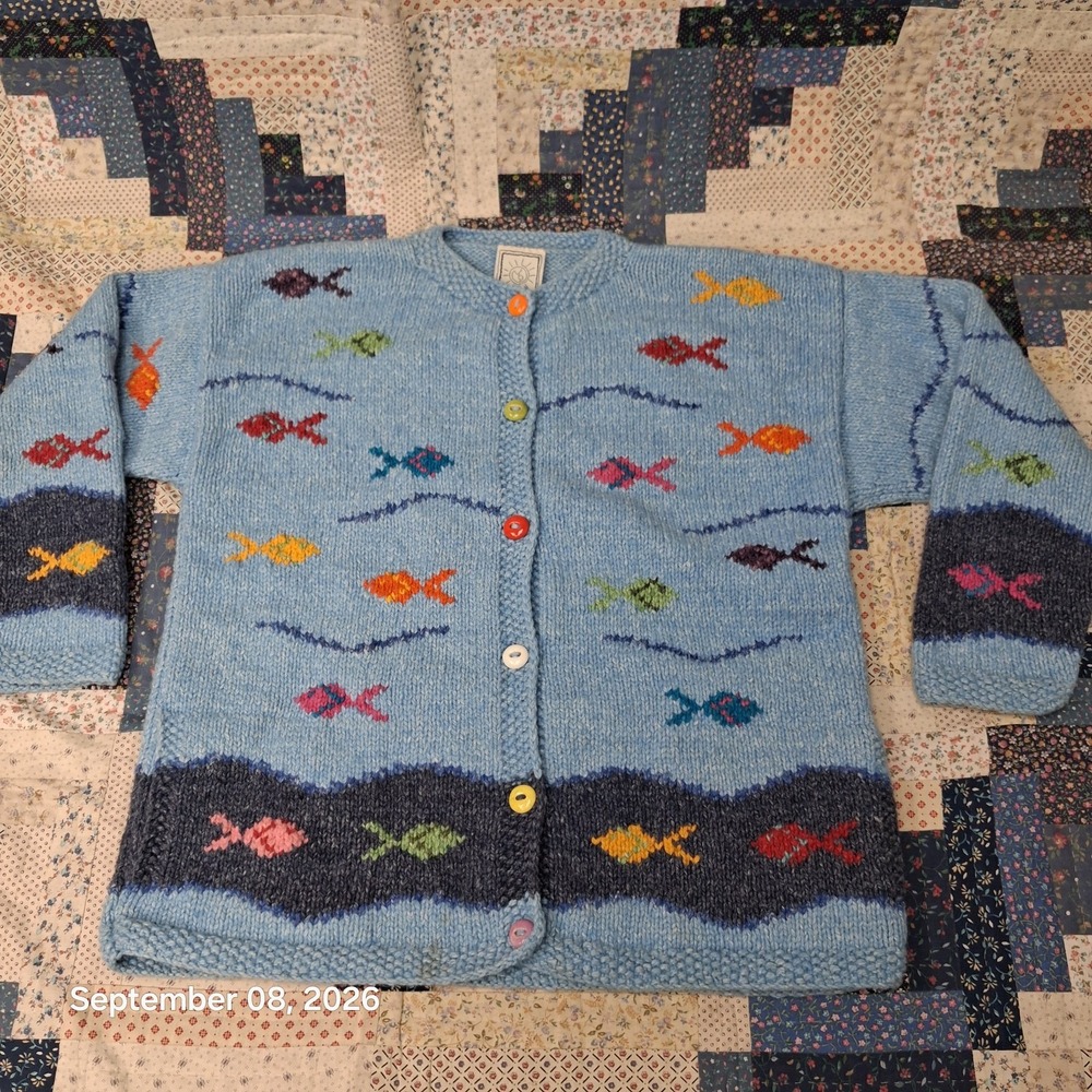 Vintage Del Mundo Chunky Handknit Fish Cardigan Sweater Womens M/L Blue